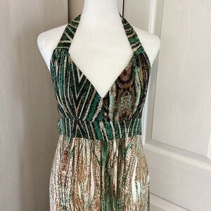 India Boutique Green and Brown Abstract Halter Maxi Dress One Size